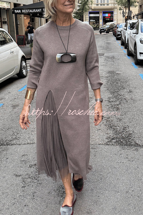 Knit & Tulle Two-Piece Midi Dress Set with Long Sleeve Top