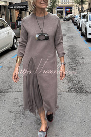 Knit & Tulle Two-Piece Midi Dress Set with Long Sleeve Top