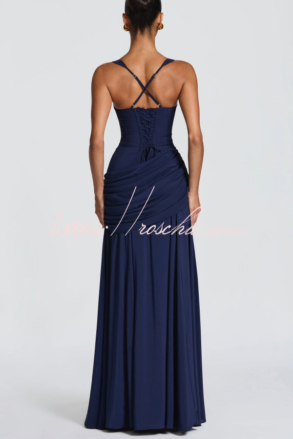 Spaghetti Strap Square Neck Pleated Maxi Dress – Slim Fit