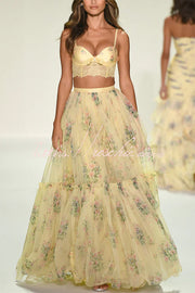 Satin Bow Lace-Back Crop Tank & Tulle Maxi Skirt Set