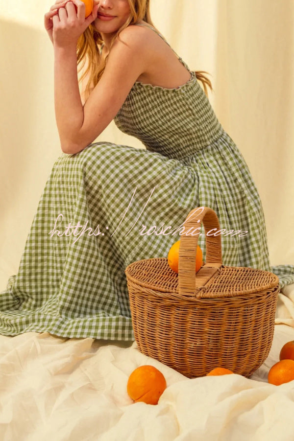 Plaid Print Ruched Maxi Dress with Pockets