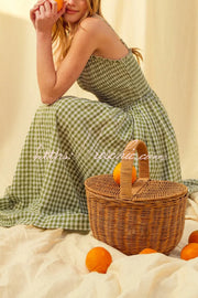 Plaid Print Ruched Maxi Dress with Pockets