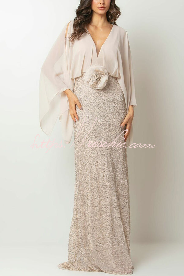Chiffon Batwing Sleeve Floral Embroidered Sequin Maxi Dress
