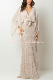 Chiffon Batwing Sleeve Floral Embroidered Sequin Maxi Dress