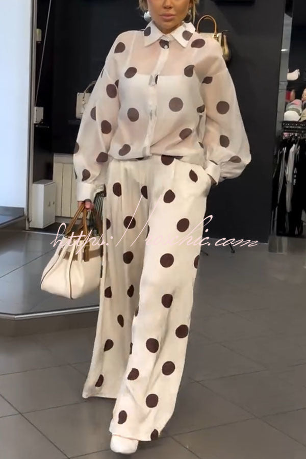 Polka Dot Sheer Balloon Sleeve Shirt & Wide Leg Pants Set