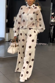 Polka Dot Sheer Balloon Sleeve Shirt & Wide Leg Pants Set