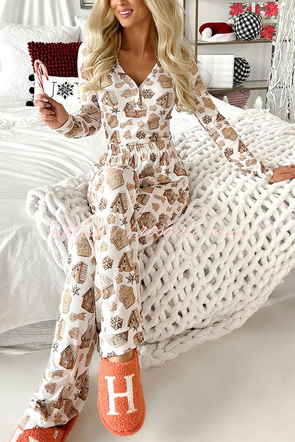 Gingerbread Print Ribbed Pajama Set with Elastic Waist