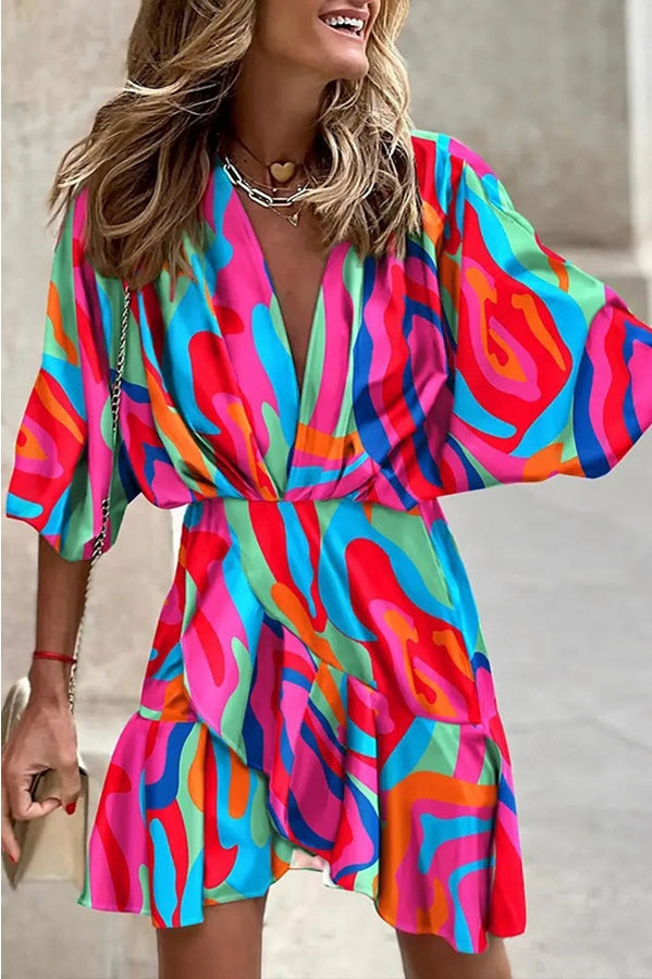 Printed Mini Dress with V-Neck & Loose Fit