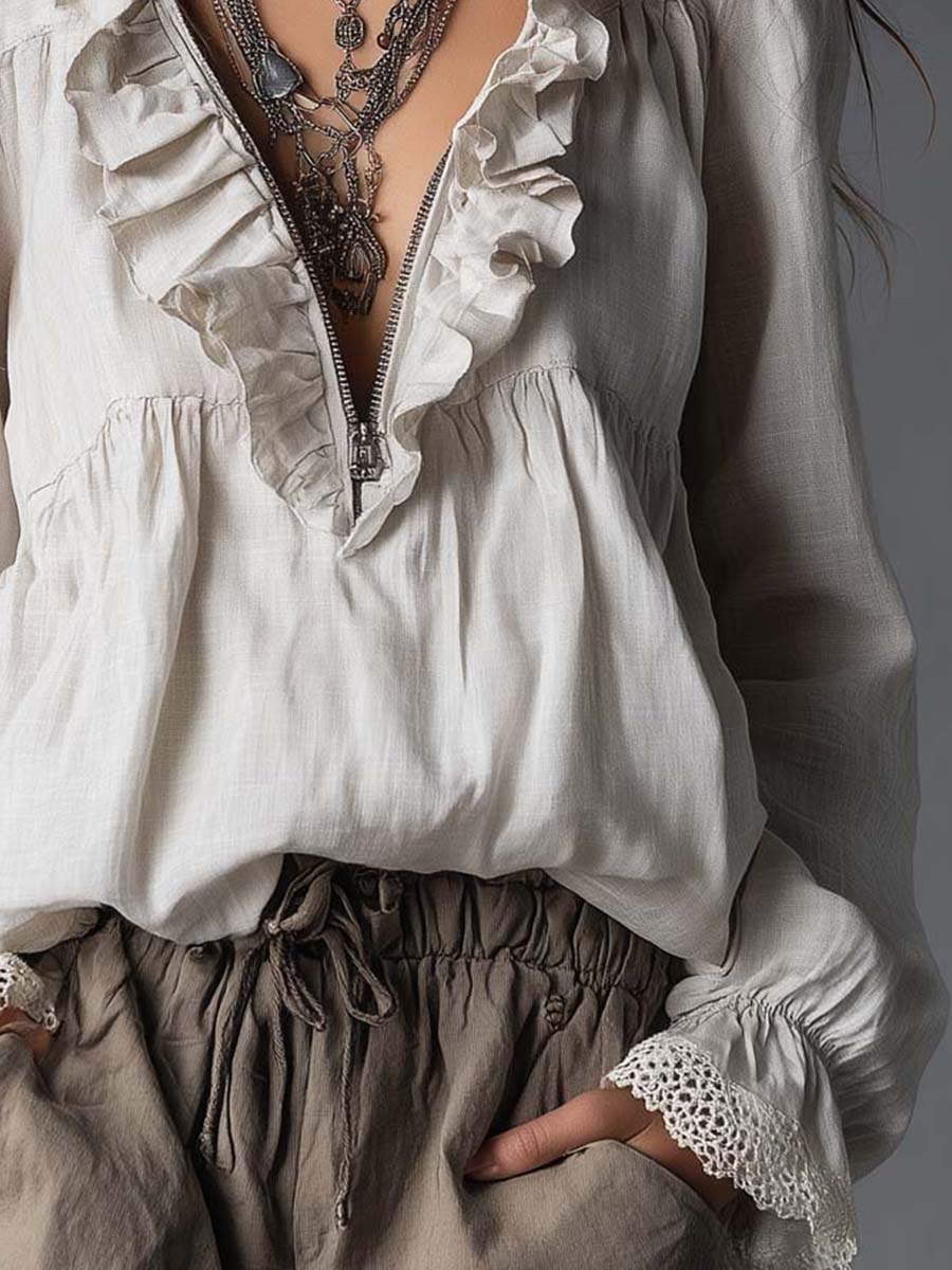 Cotton Linen Blouse with Zip-Up Collar & Ruffle Detail