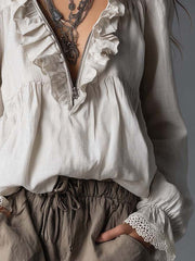 Cotton Linen Blouse with Zip-Up Collar & Ruffle Detail