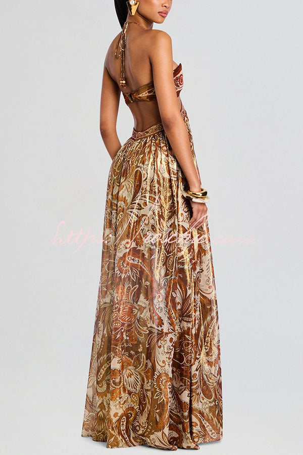 Chiffon Golden Paisley Cutout Halter Maxi Dress