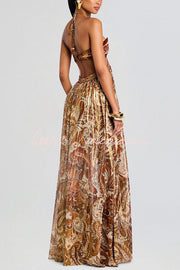 Chiffon Golden Paisley Cutout Halter Maxi Dress
