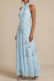 Floral Halter Midi Dress – Ruched Loose Fit Vacation Dress