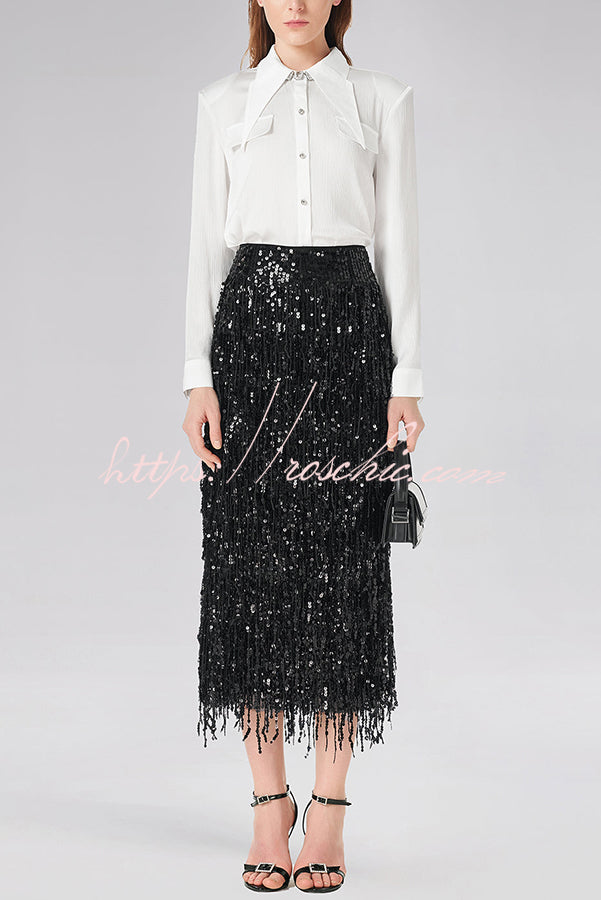 Sequin Midi Skirt with Layered Tassels and Back Slit