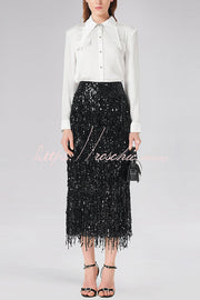 Sequin Midi Skirt with Layered Tassels and Back Slit