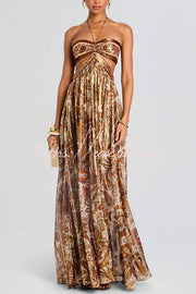 Chiffon Golden Paisley Cutout Halter Maxi Dress