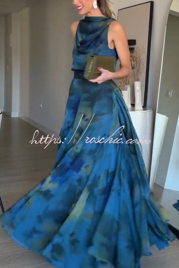 Chiffon Ombré Print Cowl Neck Top & High-Rise Maxi Skirt Set