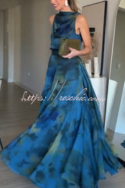 Chiffon Ombré Print Cowl Neck Top & High-Rise Maxi Skirt Set