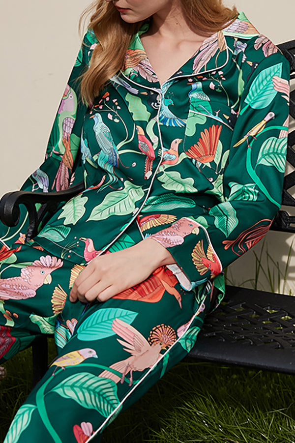 Green Parrot Print Long Sleeve Two-Piece Lounge Set