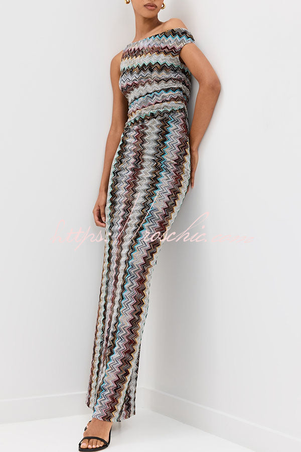 Robe longue fendue en zigzag colorée à une épaule