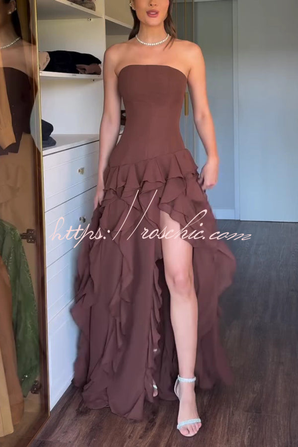 Off-Shoulder Maxi Dress with High Slit and Ruffle Detail