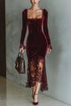 Velvet & Lace Patchwork Square Neck Maxi Dress