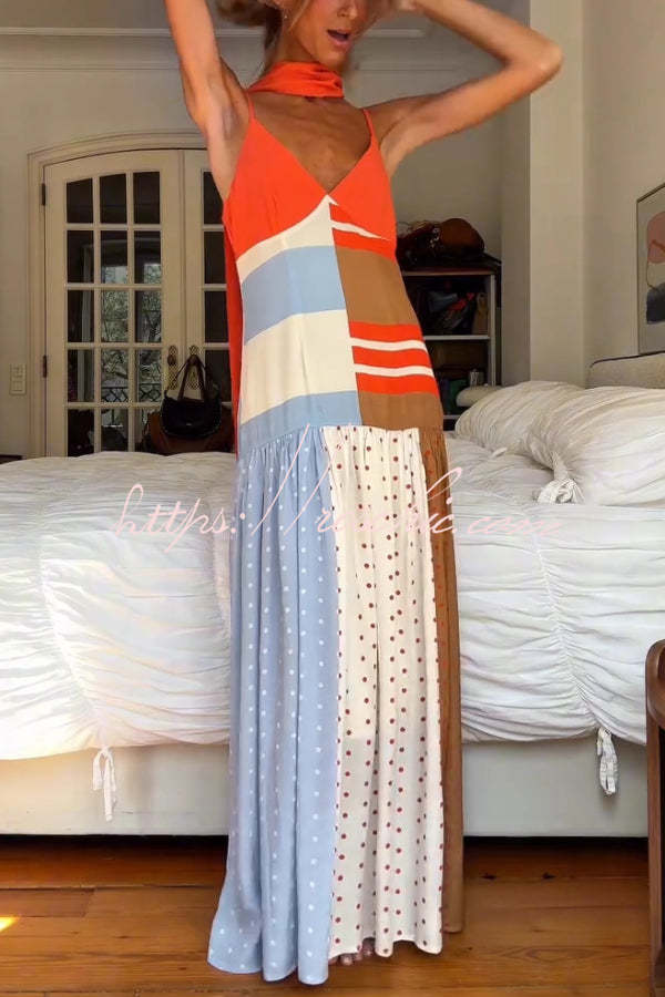 Color-Block Polka Dot Print Pleated Maxi Dress