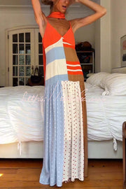 Color-Block Polka Dot Print Pleated Maxi Dress