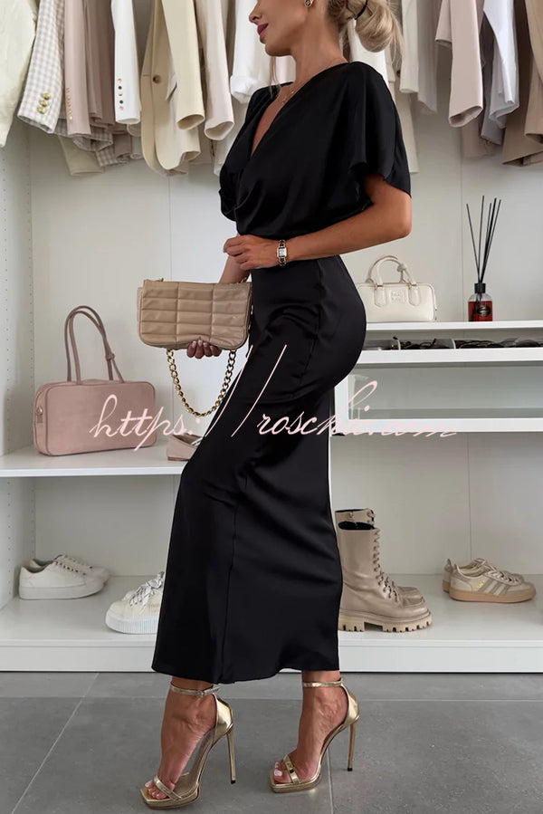 Satin V-Neck Cross Knot Slim Maxi Dress