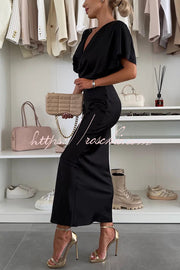 Satin V-Neck Cross Knot Slim Maxi Dress