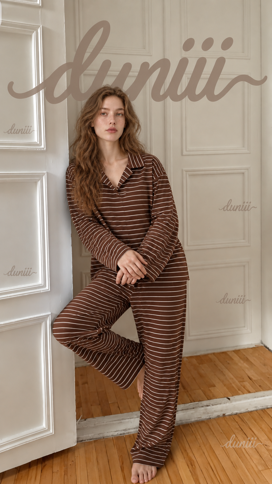 Duniii Striped V-Neck Long Sleeve Lounge Set