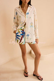 Linen Blend Printed Shirt & Elastic Waist Shorts Set