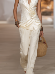 Ivory Satin Sleeveless Top and Trousers Pants Set