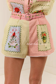 Linen Blend Printed Short Sleeve Shirt & Belted Shorts Set