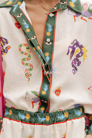 Linen Blend Printed Loose Blouse and Pants Set with Pockets