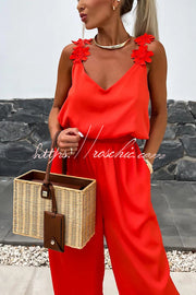 Embroidered Flower Sleeveless Jumpsuit – Loose V-Neck