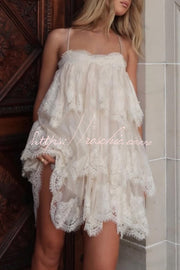 Layered Lace Trim Chiffon Backless Mini Dress with Adjustable Straps