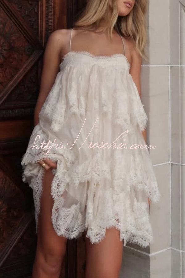 Layered Lace Trim Chiffon Backless Mini Dress with Adjustable Straps