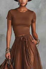 Round Neck Short Sleeve Top & Lace Hem Maxi Skirt Set
