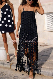Embroidered Polka Dot Square Neck Tassel Hem Slip Maxi Dress