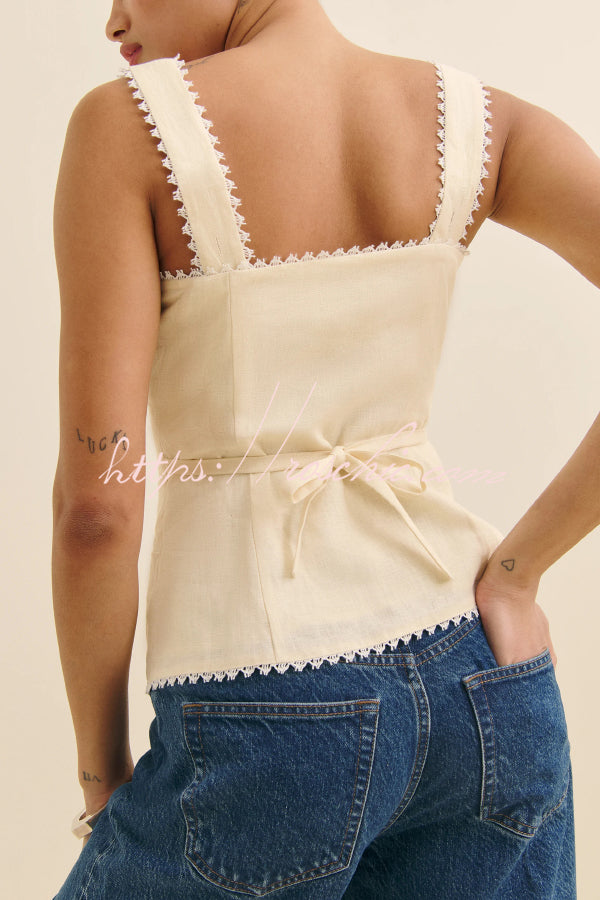 Lace-Trim V-Neck Sleeveless Vest | Linen Blend Slim Fit