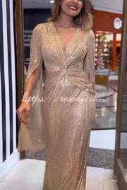 Sequin Cape Sleeve Cross-Waist Evening Maxi Dress