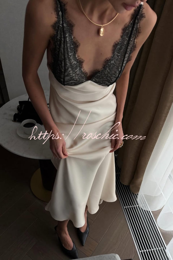 Satin Lace Patchwork Backless Maxi Dress – Slim Fit