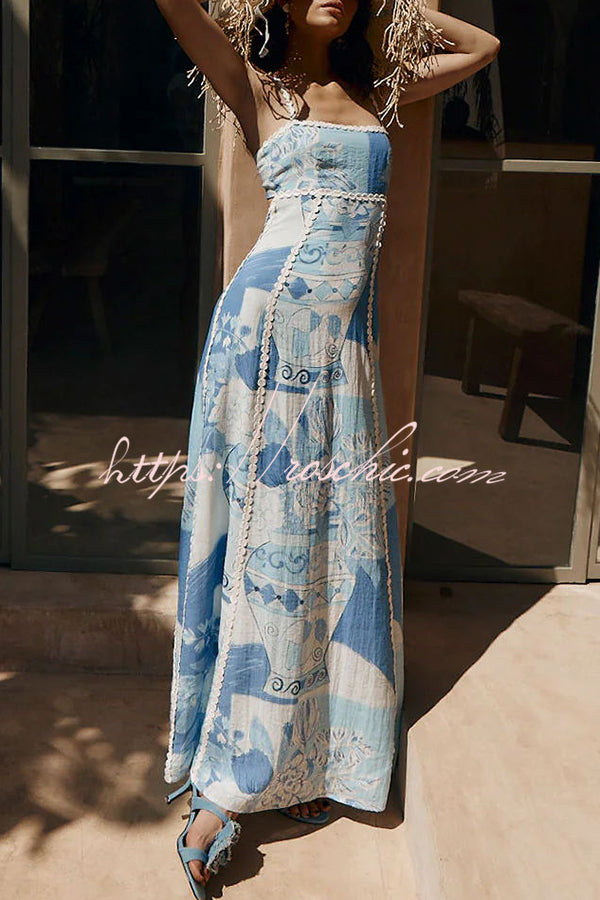 Robe longue en lin mélangé avec imprimé floral et lien au dos