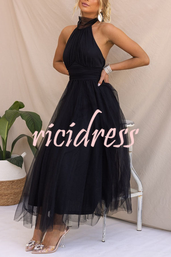 Tulle Halter Maxi Dress with Gathered Detail