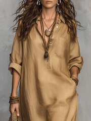 Bohemian Button-Front Midi Dress with Flowing Tiered Skirt