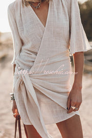 Cotton Linen Blend Knotted Wrap Mini Dress