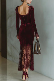 Velvet & Lace Patchwork Square Neck Maxi Dress