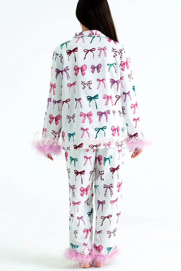 Christmas Printed Feather Trim Pajama Set with Pockets