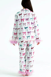 Christmas Printed Feather Trim Pajama Set with Pockets